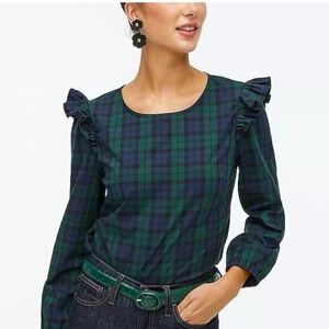 J.Crew Green Blue Plaid Ruffle Shoulder Blouse Long Sleeve Top Size S